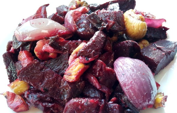 roasted beetroot with chestnuts and red onion